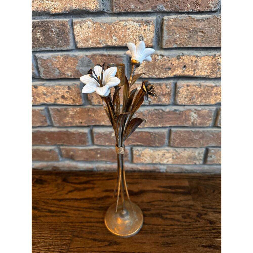 VINTAGE French Ceramic Lilies Bronze Tone Rose Hollywood Regency Candle Holder